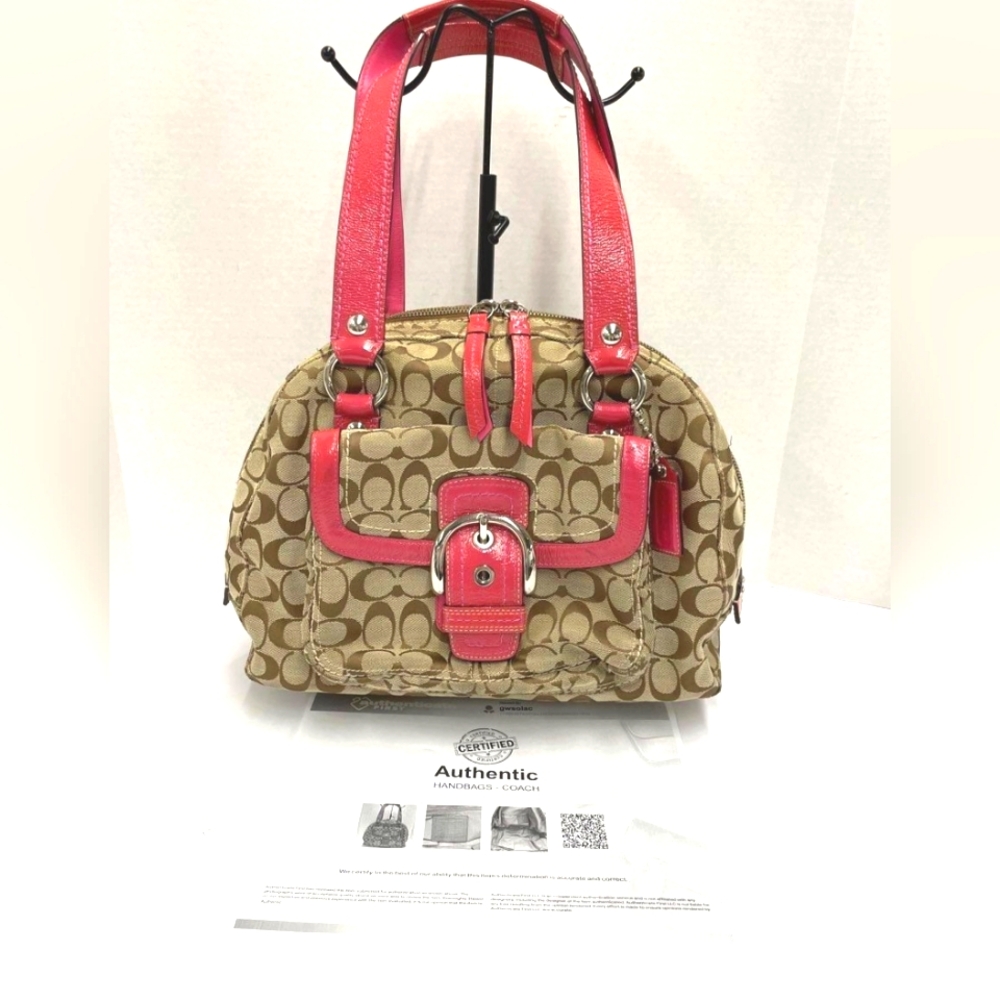 Coach Signature Hampton Dome Satchel Bag Tan Pink Leather Purse Satchel